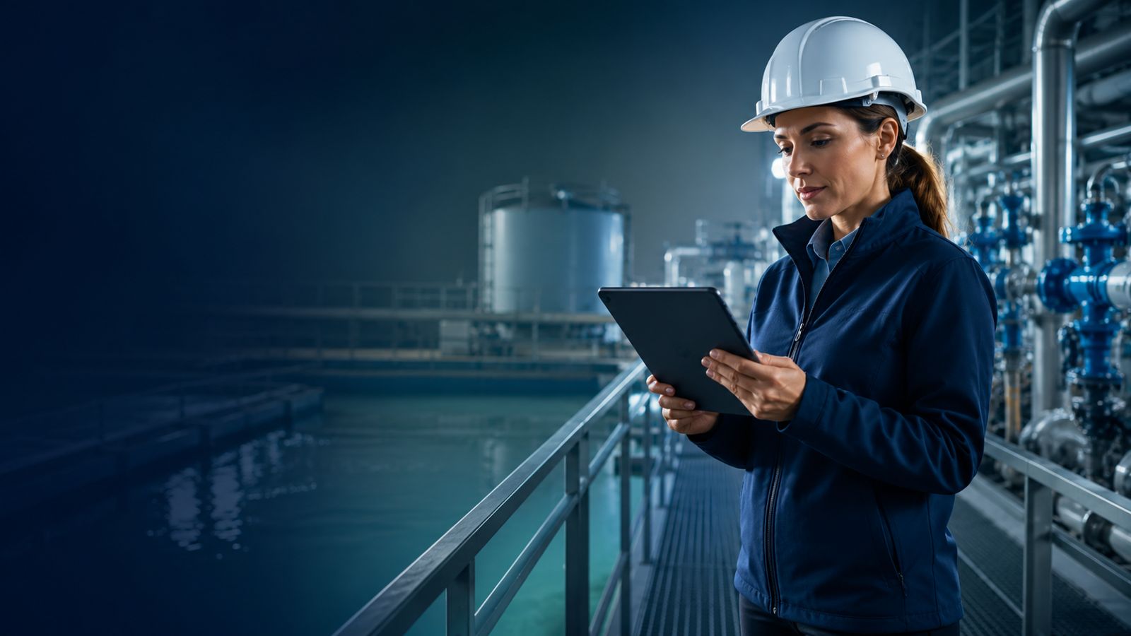 An operator reading a tablet on a catwalk above a treatment basin